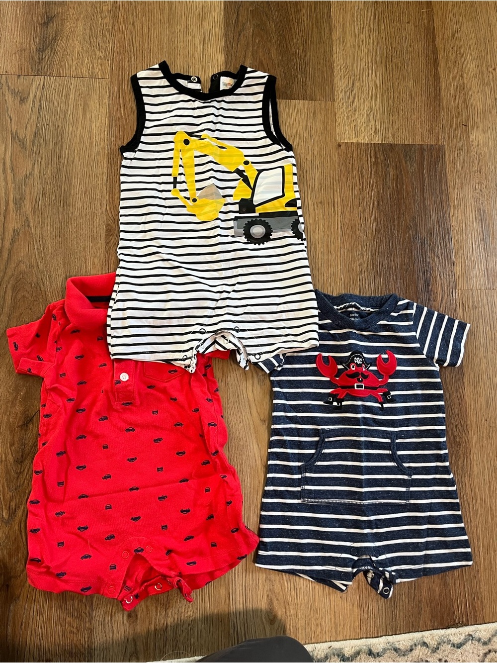 Carters Romper Set, Excavator, Crab, Car Polo. 12 months.